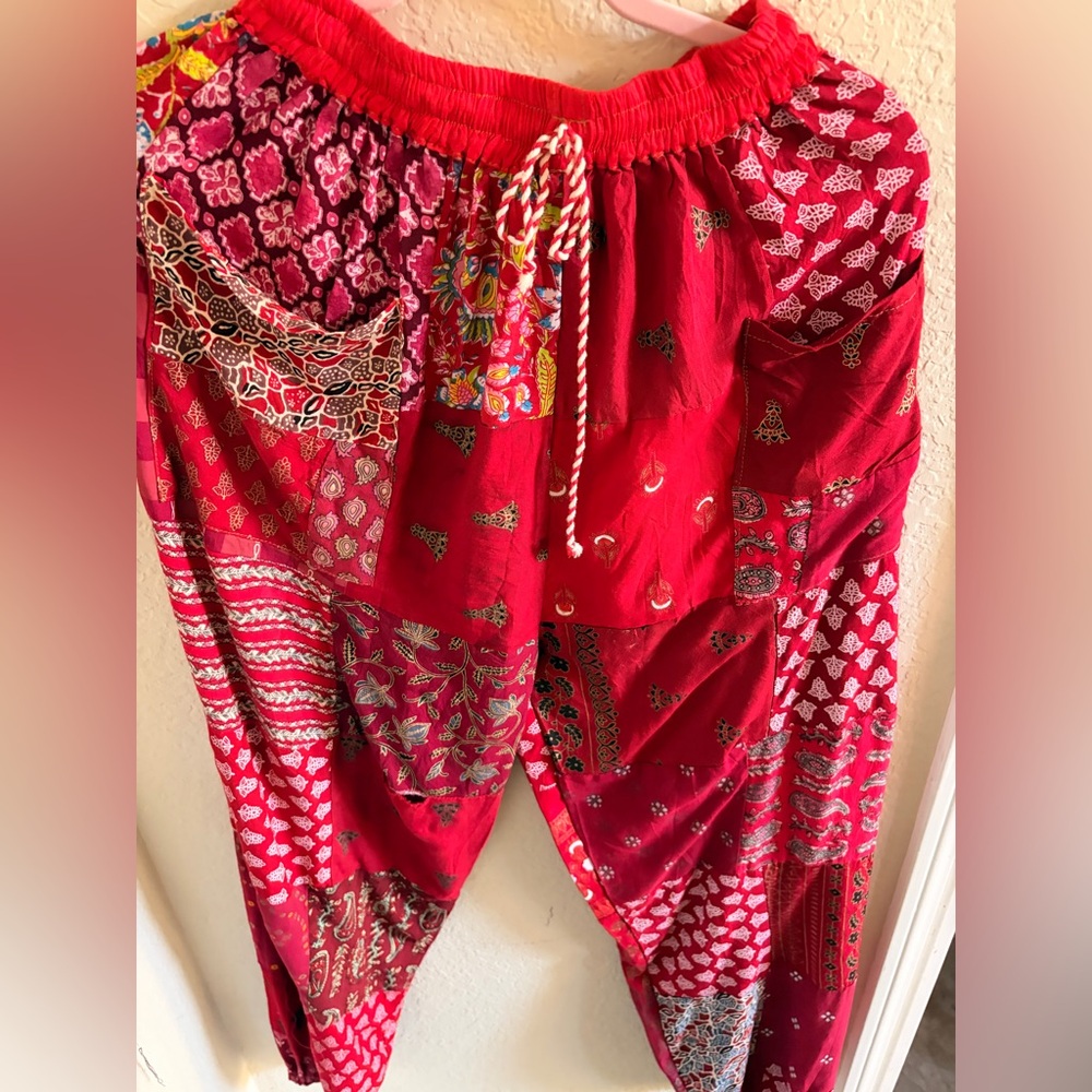 Red Patchwork Boho Harem Pants - image 3